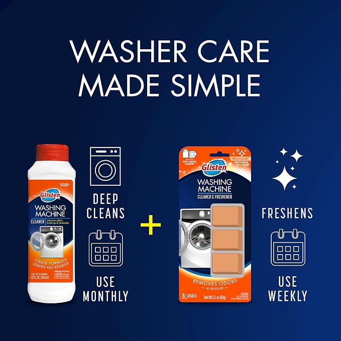 Glisten Washing Machine Cleaner, Fresh Scent, 12 oz Bottle, 3-Pack | Helps Remove Odor & Limescale; Regular Care Helps Prevent Future Buildup in Top/Front HE Washers, Made in USA