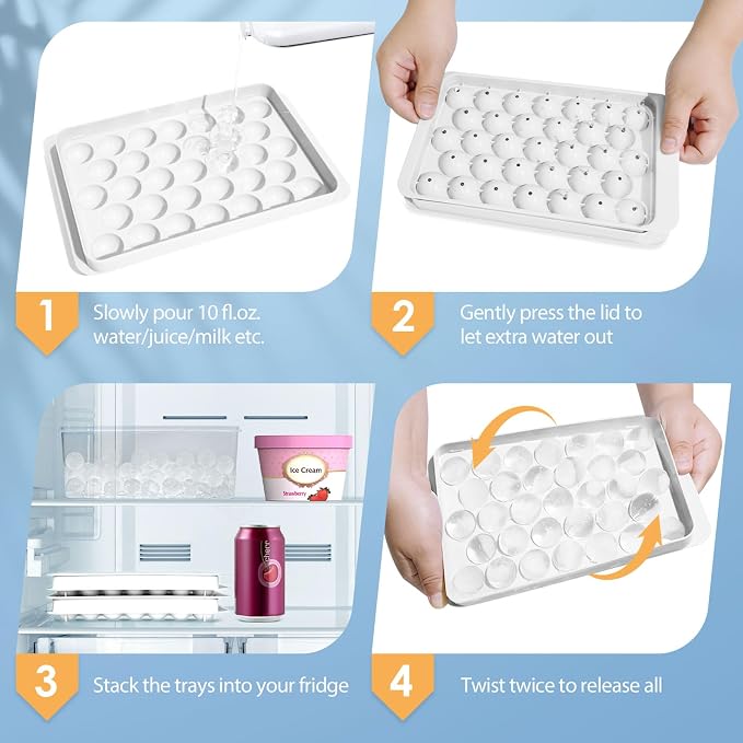 Ice Cube Tray with Lid and Bin, 1" Round Ice Trays for Freezer | 2 White Ice Cube Trays with Ice Box & Scoop, 1" Round Ice Balls for Iced Coffee & Juice, Easy Twist Release, For Gatherings