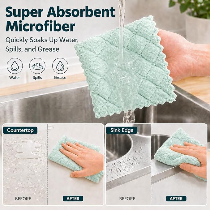 kimteny 12 Pack Dish Cloths for Washing Dishes | Super Absorbent Microfiber Kitchen Dish Rags, Fast Drying Coral Velvet Dish Cloths for Kitchen Counter and Dishes, Green-Grey