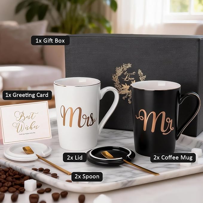 Mr and Mrs Mugs Set Printed with Gold, Wedding Engagement Gifts for Couples