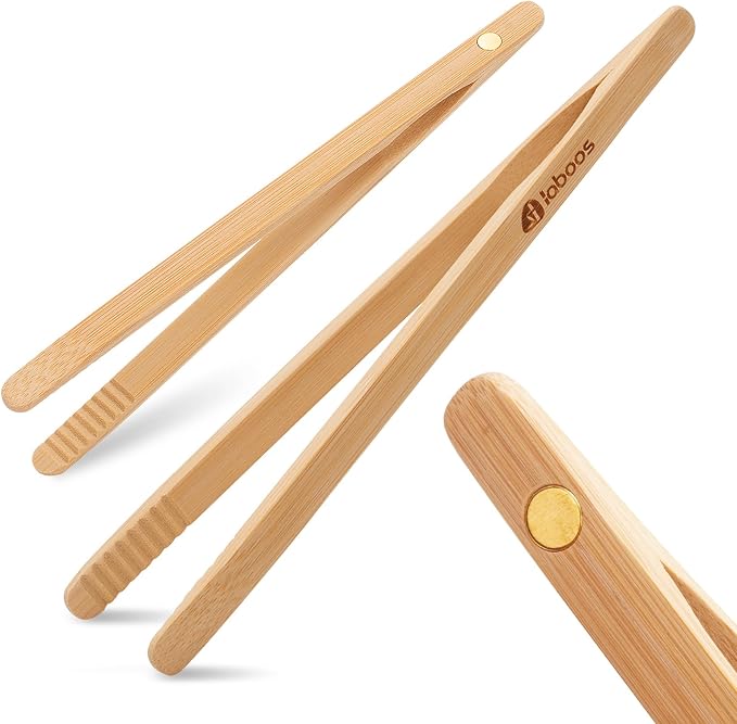 Magnetic Classic Bamboo Toast Tongs - Wood Cooking Tong,Ideal for Toaster,Fruits, Bread & Pickles, Kitchen Utensil for Cheese Bacon Muffin,Small Mini Tongs For Cooking - 8" Long | Set of 2