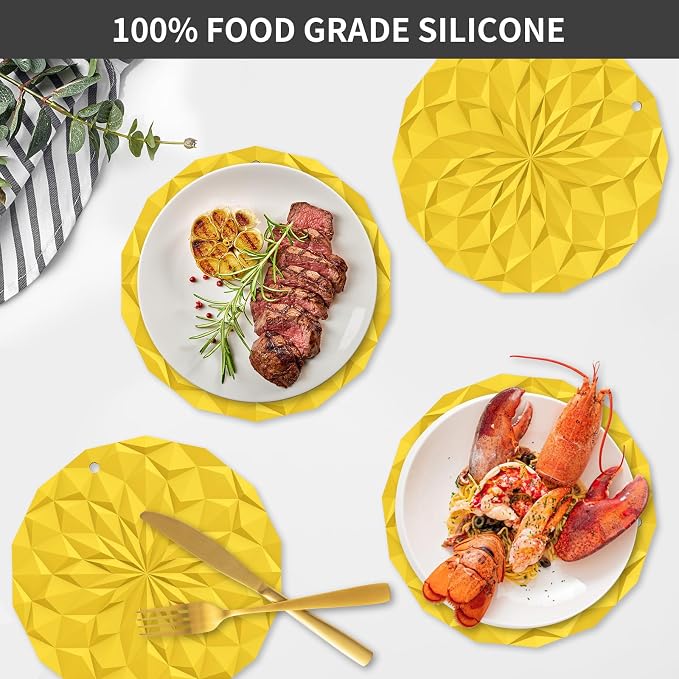 ME.FAN Silicone Trivet Mats - 4 Pack Pot Holders - 7.4'' Thickened Hot Pads for Hot pots, Pans and Dishes, Heat Resistant Silicone Trivet for Table and Counter Top Yellow