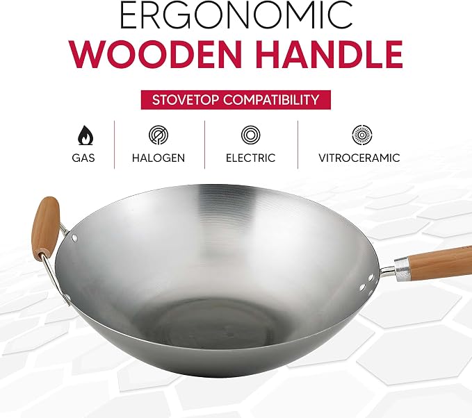 Helen's Asian Kitchen Carbon Steel Wok, 14-Inch, Flat Bottom Stir Fry Pan