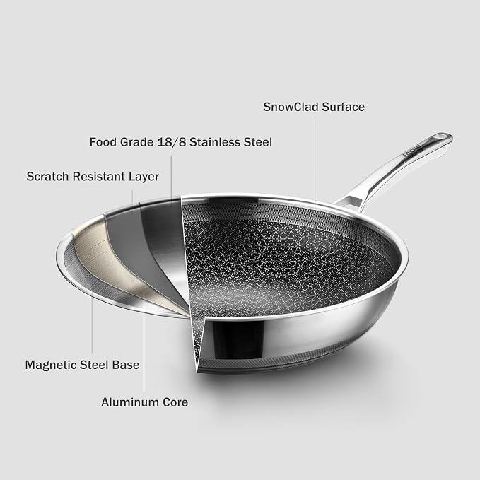SNOWCLAD Wok, 13 Inch Hybrid Woks & Stir-fry Pans Nonstick with Double Handles, Non Toxic Stainless Steel Wok Pan with Lid, Dishwasher Induction Oven Broiler Safe