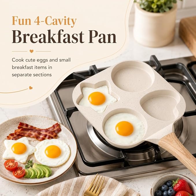 Non Stick Egg Frying Pans 4 holes Shapes, Egg Frying Pan Nonstick, Heart Star Shapes Breakfast Pan, Quick Heating, Easy to Clean, Ideal Use for Breakfast
