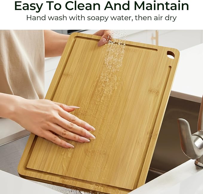 Keechee Natural Bamboo Cutting Board Set of 4, Wood Chopping Block Set | Non Toxic, Resisted-Cracking&Curling, Deep Juice Groove, Side Handles,Cross-Laminated Structure, Knife-Friendly