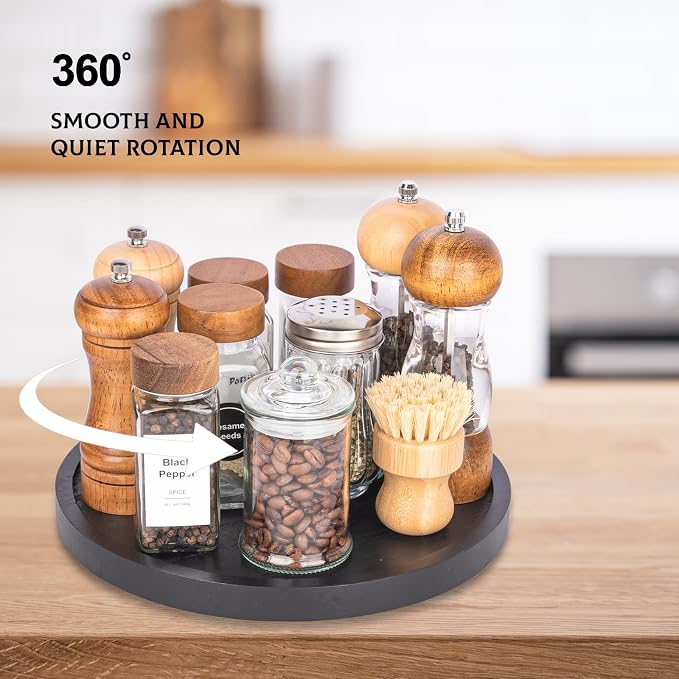 Wood Lazy Susan Turntable Kitchen Decor Round Table Tray, 11" Black | Waterpoof, Easy clean, Non-slip, Rotating Wooden Decorative Pantry Table Tray for Seasoning, spice, snack