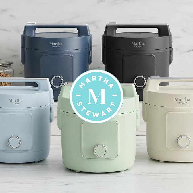 Martha Stewart 8 Cup Cooked (4 Cup Uncooked) Rice Cooker & Steamer, Navy | PFAS-Free Ceramic Nonstick Removable Pot, 9 Modes, Keep Warm, Steamer, White & Brown Rice, Quinoa, Grains, Oats, Easy Clean