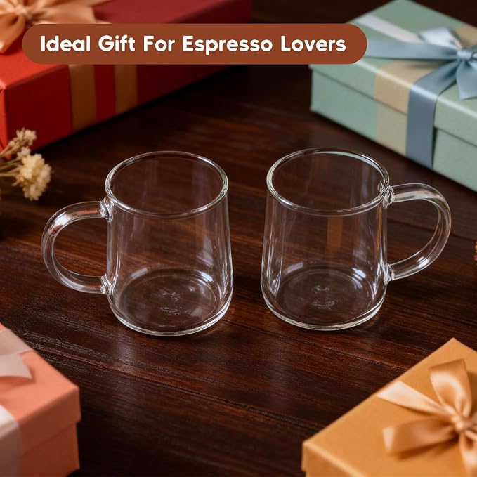Glass Espresso Cups Set of 2, 3 oz Clear Espresso Shots Cup with Handle, Mini Coffee Cups Glasses Mugs, Demitasse Cups, Cappuccino Cup, Suit for Espresso Machine, Microwave Dishwasher Safe