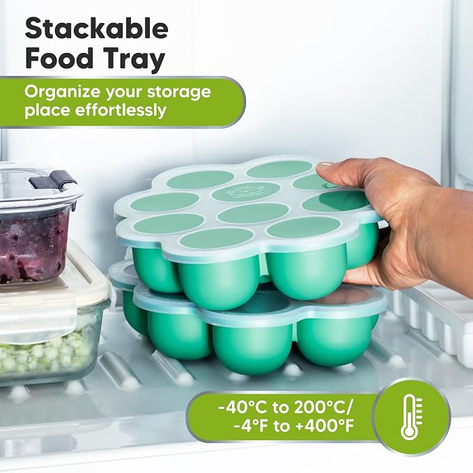 KeaBabies Silicone Food Freezer Trays with Lid, 2oz x 10 Pods(Alpine Green) | Baby Food Storage Containers, Easy Puree Meal Prep, Breast Milk Silicone Freezer Molds, Dishwasher, Microwave Safe, BPA-Free