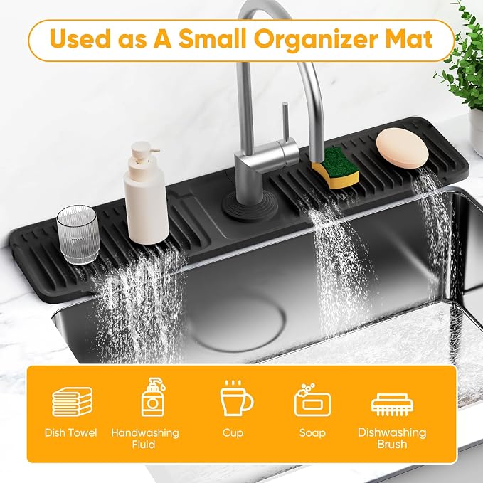 24'' Longer Faucet Mat for Kitchen Sink Splash Guard[7° Slope Fast Self-draining][Snap Lock Fit]Kitchen Sink Faucet Mat Splash Guard Kitchen Sink Area Water Splash Guard Behind Faucet Draining Mat