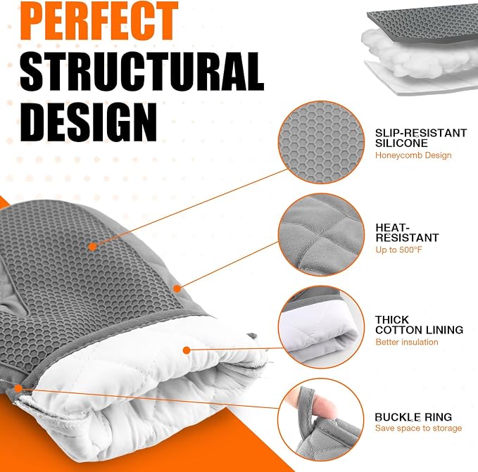 Silicone Oven Mitts, Heat Resistant 2PCS Oven Mitts with Soft Cotton Lining, Waterproof Non-Slip Grip Oven Glove, Kitchen Potholder Mits for BBQ, Baking, Cooking, 10.5Inch - Dark Grey