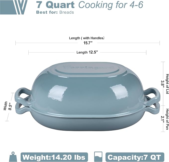 VORRINGARD Enameled Cast Iron Sourdough Bread Oven, Dutch Oven, Loaf Cast Iron Bread Pan for Homemade Bread Baking, Meatloaf Pan with Lid, 7QT, Sea Salt