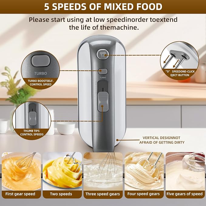 GELANGS-400W Hand Mixer with Turbo Boost - 5-Speed, One-Touch Release, Copper Motor - 5 Dishwasher-Safe Attachments - 110V Heavy Duty Mixer for Baking, Whipping & Dough