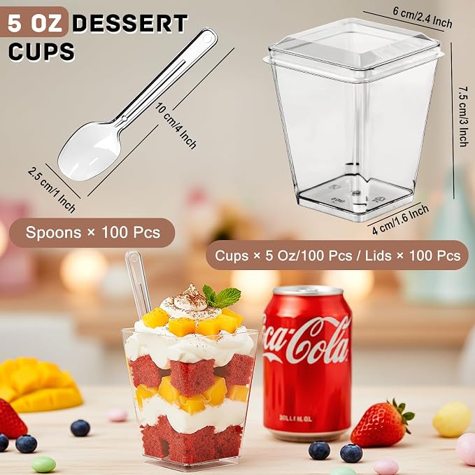 200 Pcs 5 oz Clear Plastic Dessert Cups with Lids & Spoons, Reusable Parfait & Appetizer Cups, Mini Dessert Shooters for Pudding, Yogurt, Jello, Ice Cream, Trifle & Fruit, For Party & Wedding