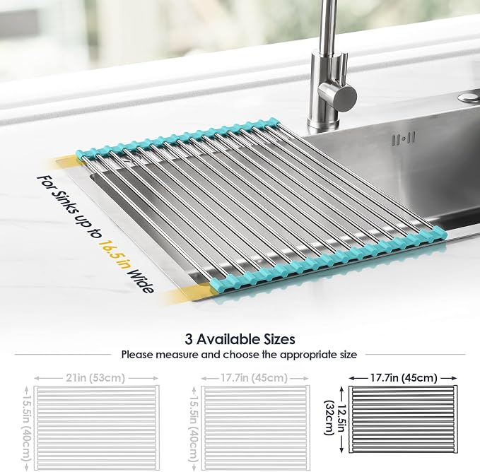 Tomorotec Roll Up Dish Drying Rack Over Sink, 304 Steel, 17.7x12.5, Green | Anti-Slip Silicone Rims For Grip, Heat-Resistant Trivet Mat Holding Heavy Cookware, Rustproof Kitchen Counter Space Saver