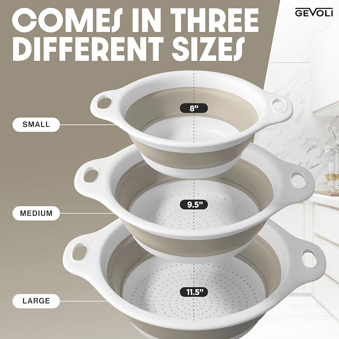 Gevoli Collapsible Colanders (3 Pack Set) Food Strainers with Over-Sink Water Draining Base for Pasta Fruits and Vegetables, White/Beige (3 Sizes, 3QT, 4QT and 5 Quart)