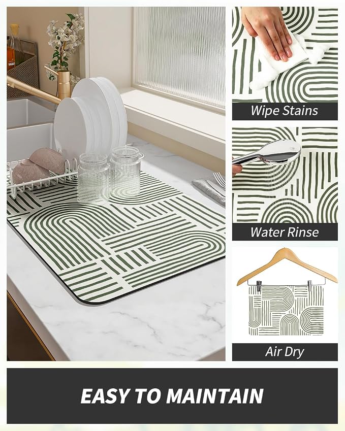 AMOAMI Coffee Mat Hide Stain Rubber Backed Absorbent Dish Drying Mat for Kitchen Counter - Fits Under Coffee Maker or Machine - Green Line 16x24