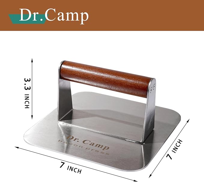 Dr.Camp 7 Inch Stainless Steel Burger Press with Real Wood Handle Heavy Duty Bacon Press Grill Press for Griddle Flat Top Smash Burger Press Hamburger Smasher Meat Press (Square)