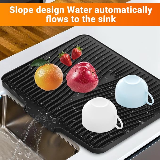 Silicone Dish Drying Mat for Kitchen counter | 15.8"x13" Dish Drainer Mat,Heat-Resistant Kitchen Counter Mat & Over-Sink Drying Tray,Can Be Hung,Black