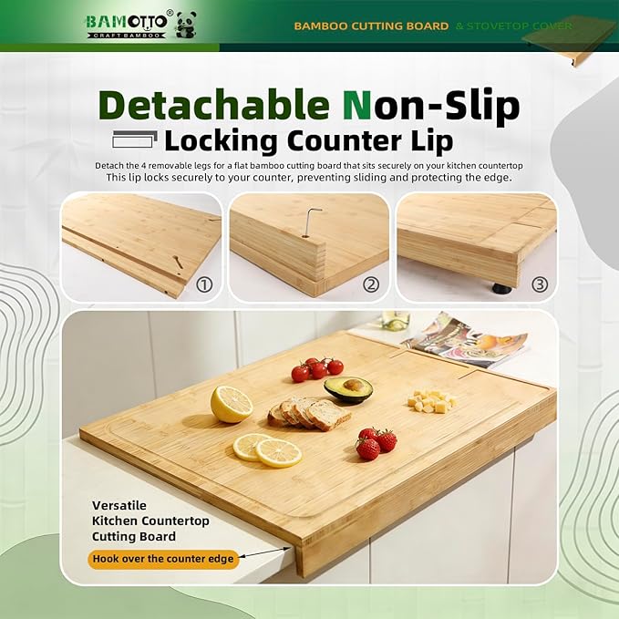 BAMOTTO CRAFTBAMBOO 30"x21" Extra Large Bamboo Cutting Board Stovetop Cover | Detachable Legs | Detachable Non-Slip Front Lip | Over Sink | Noodle Board | Kitchen Countertop Prep Station | Juice Groove