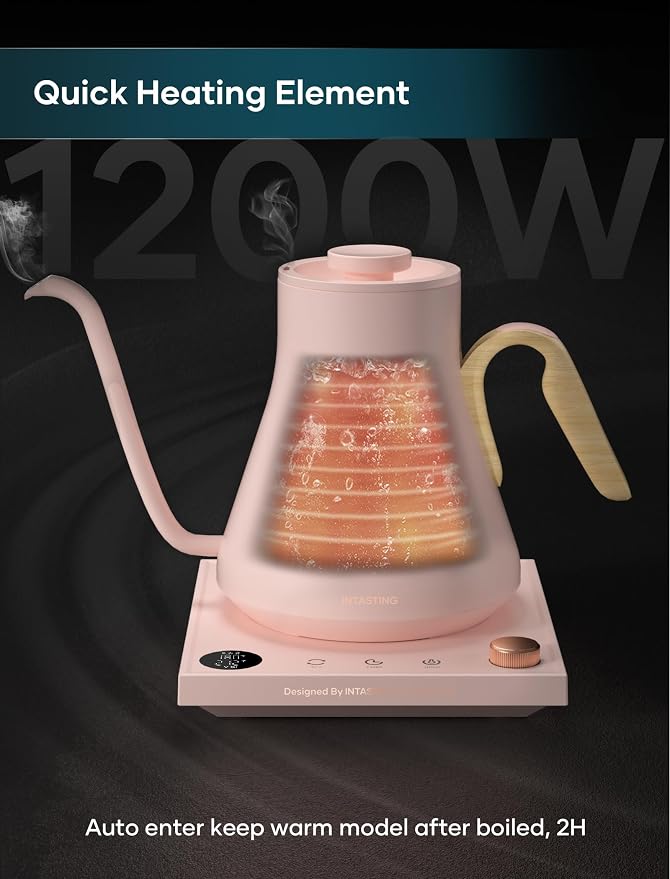 INTASTING Gooseneck Electric Kettle with 1℉ Temperature Control, 0.9 Liter | Fast Heating, Stainless Steel Interior, for Pour Over Coffee, Tea & Boiling Water, Keep Warm, Auto Shut-Off, 1200W, Pink
