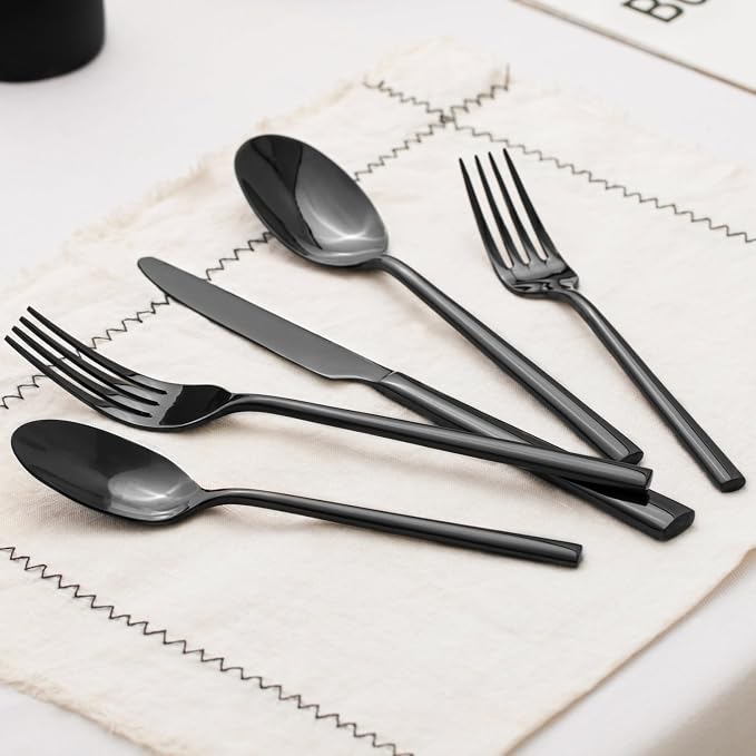 Black Silverware Set, 20-Piece Forged Flatware Set Cutlery Set Premium Stainless Steel, Service for 4, for Kitchen, Home, Wedding, Party, Mirror Polished and Dishwasher Safe
