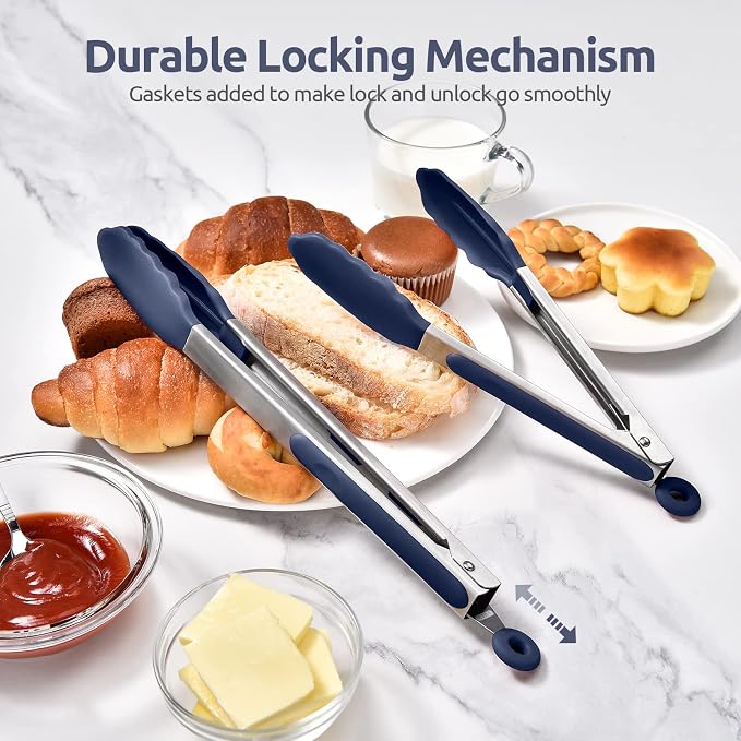 U-Taste Kitchen Tongs for Cooking, 600ºF Heat-Resistant, 2Pcs/Midnight Blue | Silicone Tong Set 9/12in, Salad/Grill/BBQ Plastic Tong for Food Serving, Rubber Tipped Tong with 18/8 Stainless Steel Handle