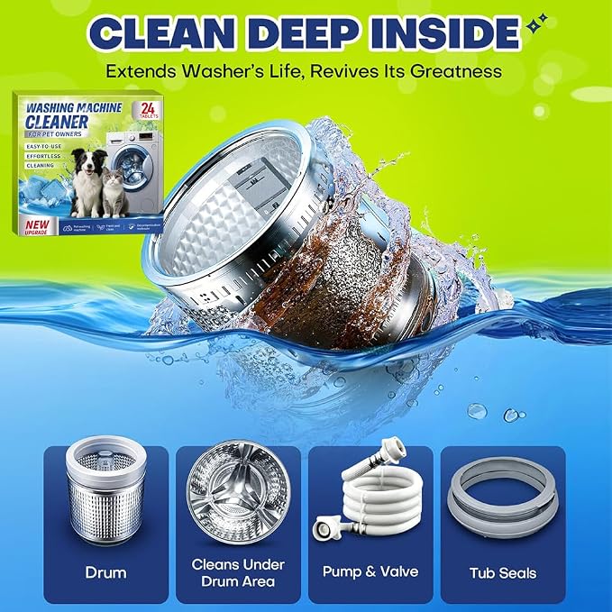 Washing Machine Cleaner Tablets for Pet Owners - Easily Removes Cat & Dog Hair, Urine, Odor,Residue,Front & Top Load Washer Machine Cleaner Deep Cleaning, Septic Safe, 24 Pack (12 Month Supply)