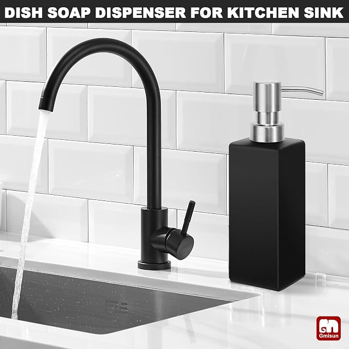 GMISUN Black Soap Dispenser Bathroom, Glass Hand Soap Dispenser with Stainless Steel Pump, 12 fl oz/350ml Refillable Dish Dispensers for Kitchen, Modern Liquid Lotion Bottles for Bathroom Countertop