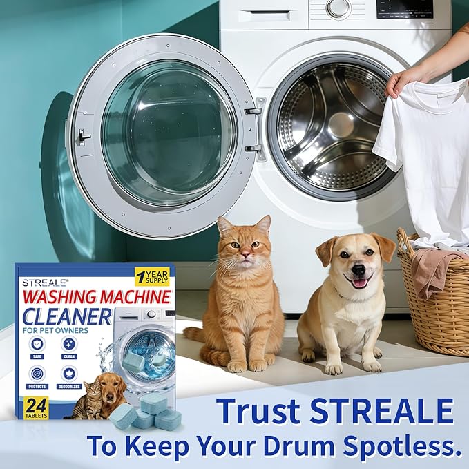 Washing Machine Cleaner Tablets for Pet Owners -24Pack, Deep Clean Descaler,Tackles Cat & Dog Hair,Freshens Odors & Laundry Detergent Residue,Septic Safe,HE Top &Front Load Washer-1Year Supply