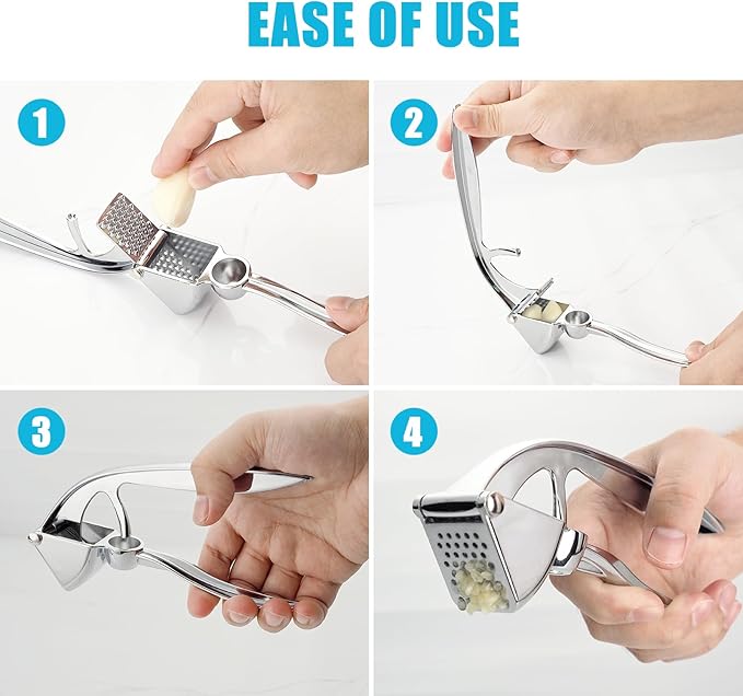 Garlic Press, Premium Metal Garlic Crusher Tool, Heavy Duty Garlic Mincer with Ergonomic Handle, Rust Proof & Dishwasher Safe, Easy to Squeeze and Clean -Silver