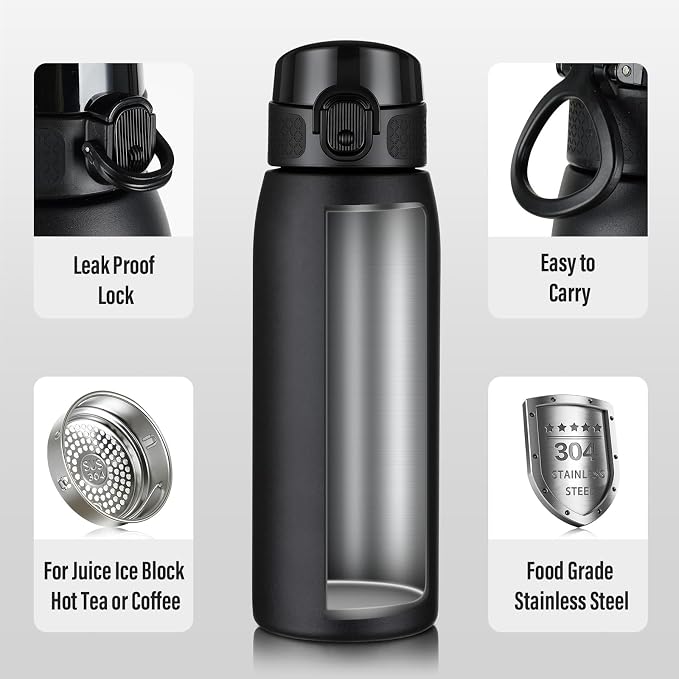 Insulated Water Bottle 18 oz with Dustproof Lid, Carry Handle & Tea Infuser, BPA-Free & Leakproof, Stainless Steel Water Bottles Ideal for Fitness, Hiking, Office & Outdoor Use （Black ）