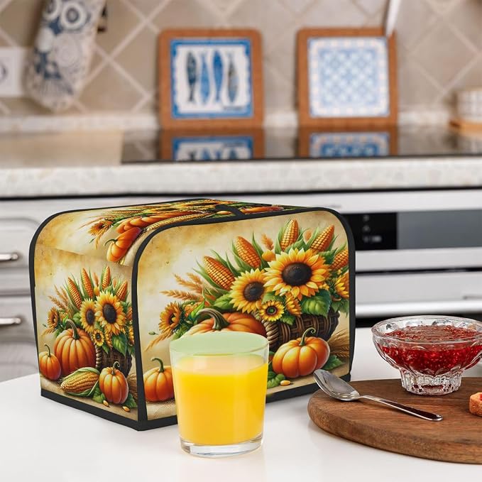 2 Slice Toaster Cover Autumn Fall Sunflower Pumpkin Toaster Covers Two Slice Wide Slot Waterproof and Dustproof Covers for Wide Slot Toasters and Small Appliances Kitchen Decor Gifts