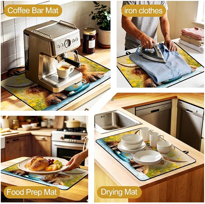 Highland Cow Stove Top Cover 28x20 Inch Farmhouse Electric Stove Cover | Heat Resistant Cooktop Protector Mat with Non-Slip Backing, Scratch Protection and Countertop Drying Mat.