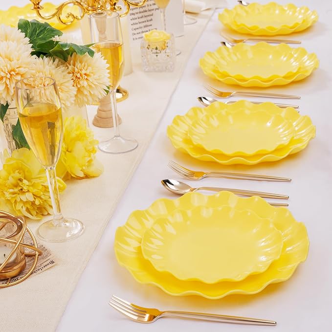LIYH 24Pcs Yellow Plastic Plates Reusable, Dinner And Salad Set For Parties | Heavy Duty Scalloped Unbreakable Tableware, Reusable Or Disposable Style For Spring Picnics, Birthdays, Holiday Dinners