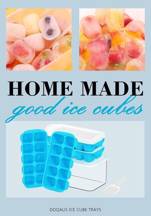 DOQAUS Ice Cube Tray with Lid and Bin, 4 Pack Ice Bucket Kits for RV | Stackable Silicone Ice Trays for Freezer, Easy Pop Out, BPA Free for Cocktail, Coffee, Soup, Food, Kitchen