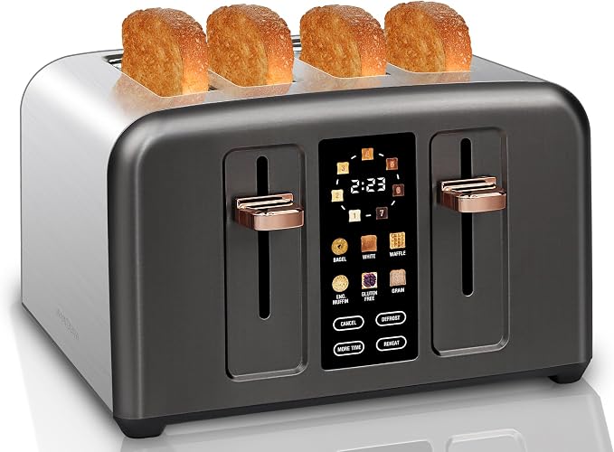 SEEDEEM 4 Slice Stainless Steel Toaster, 1.5" Wide Slots, Dark Metallic | Toaster 4 Slice, 6 Bread Type, 7 Shade Settings, 1.5'' Wide Slots, Cancel/Defrost/Reheat, Removable Crumb Tray, 1800W