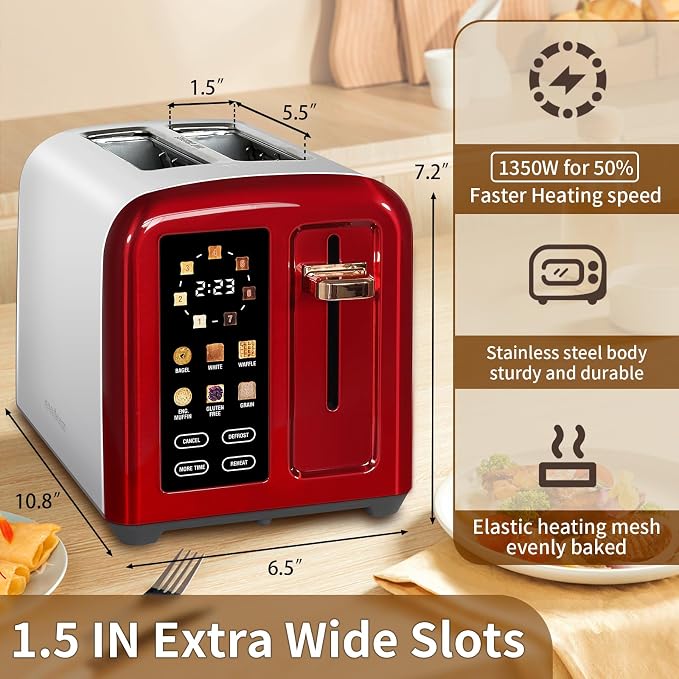 SEEDEEM 2 Slice Stainless Steel Toaster, Touch LCD, 7 Shade, 1350W | 6 Bread Type, 7 Shade Setting, 1.5''Wide Slots, Removable Crumb Tray