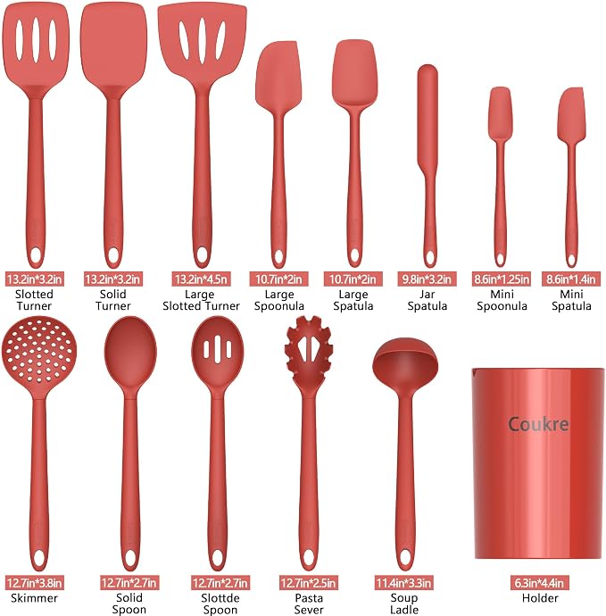 Coukre Silicone Kitchen Cooking Utensils Set, Heat Resistant, 14-Piece | Dishwasher-Safe, Food-Grade Silicone, BPA-Free, Spatulas, Spoons & Turner, Safe for Nonstick Cookware, PureRed