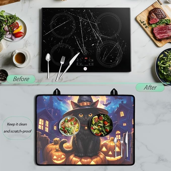 Cat Pumpkin Stove Top Covers for Electric Stove Heat Resistant Stove Mat with Anti-Slip Rubber Base Folding Dish Drying Mat for Kitchen Easy to Clean Halloween Decor for Kitchen