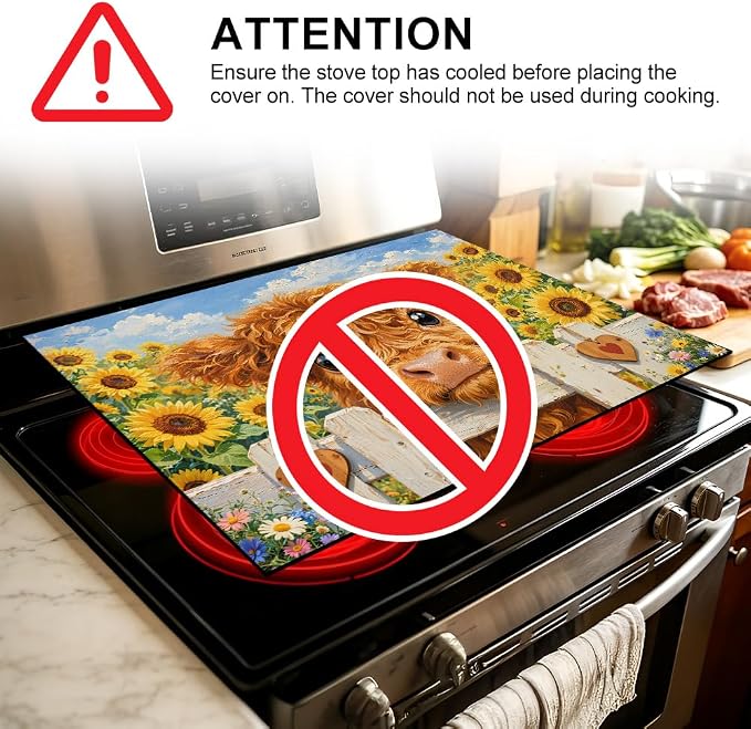 Highland Cow Stove Top Cover, Sunflower Farmhouse, 28x20 in | Baby highland cow over white fence in a sunflower field; non-slip mat; protects glass and electric cooktops; 28.4 x 20.5 in