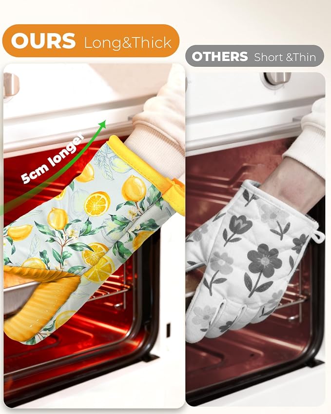 100% Thick Cotton Mini Oven Mitts Silicone Grip Stylish Lemon | Girly Cute Oven Mitts for Women, Machine Washable, Non-Slip, Reversible Design Fits Both Hands, Stylish Kitchen Decor