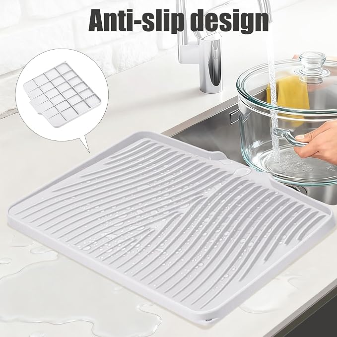 TIKNIK Silicone Dish Drying Mat for Kitchen Counter, White-1pcs, 20" x 15" | Heat Resistant & Non-Slip Dish Drain Pad with Built-In Drain, Dishwasher Safe, Quick-Dry, Hangable & Roll-Up for Storage