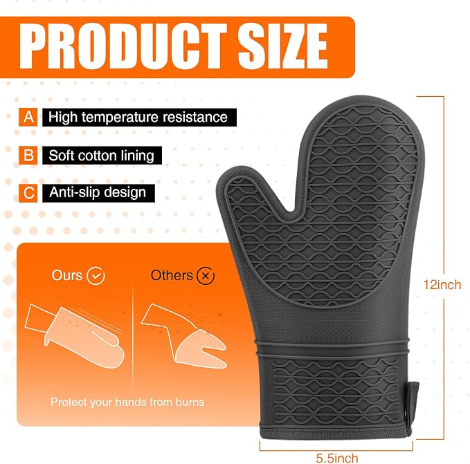 Silicone Oven Mitts, Heat Resistant 2PCS Oven Mitts with Soft Cotton Lining, Waterproof Non-Slip Grip Oven Glove, Kitchen Potholder Mits for BBQ, Baking, Cooking, 12.5 Inch - Black