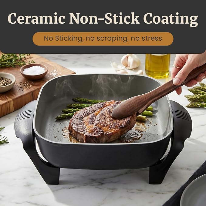 Elite Gourmet EG2313 PFAS-Free Ceramic Electric Skillet, 1200W, Black | Extra-Deep 12"x12"x3" Surface, Less-Splatter Design, Dishwasher Safe, Rapid Heat-Up, Non-Stick