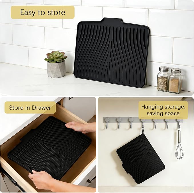 Silicone Dish Drying Mat for Kitchen Counter, Black-1pcs, 16" x 13" | Heat Resistant & Non-Slip Dish Drain Pad with Built-In Drain, Dishwasher Safe, Quick-Dry, Hangable & Roll-Up for Storage