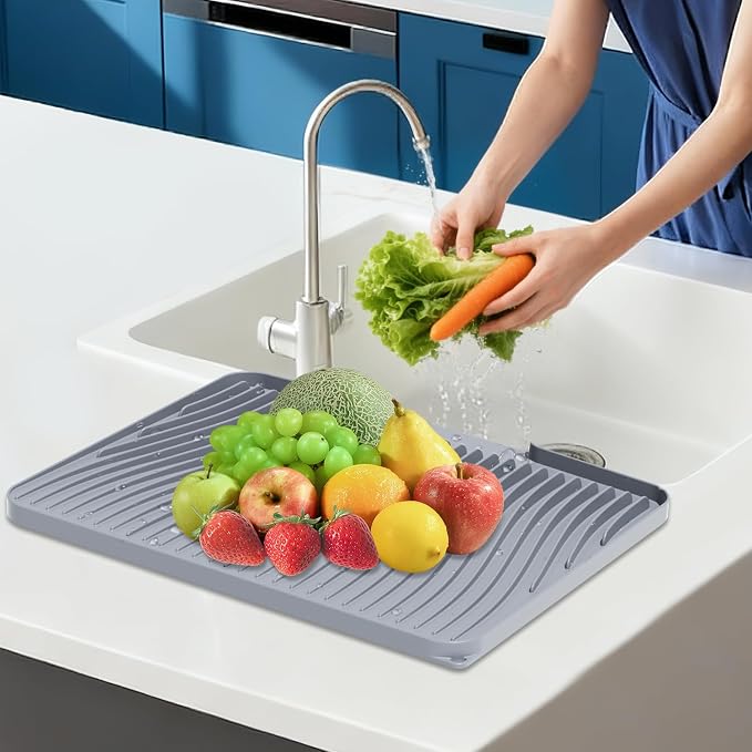 Silicone Dish Drying Mat for Kitchen counter | 15.8"x13" Dish Drainer Mat, Heat-Resistant Kitchen Counter Mat & Over-Sink Drying Tray, Drainage Spout & Hanging Hook, Grey