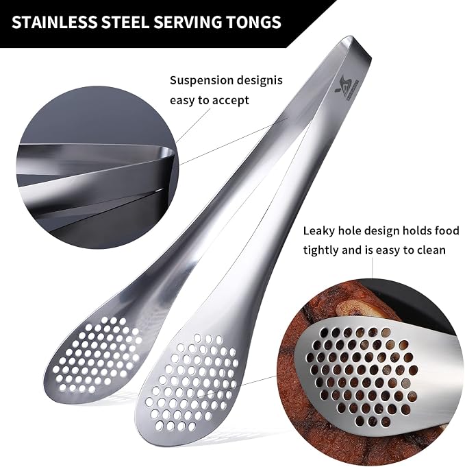 MSY BIGSUNNY Chef Kitchen Tongs Stainless Steel Food Serving Tongs Set Buffet tongs (silver 7" 9" & 11", 3 pack) | 7" 9" & 11", Food Serving Tongs Set