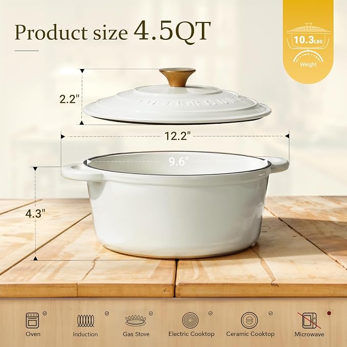 Overmont Enameled Cast Iron Dutch Oven - 4.5QT Pot with Lid Cookbook & Cotton Potholders - Heavy-Duty Cookware for Braising, Stews, Roasting, Bread Baking PearlWhite